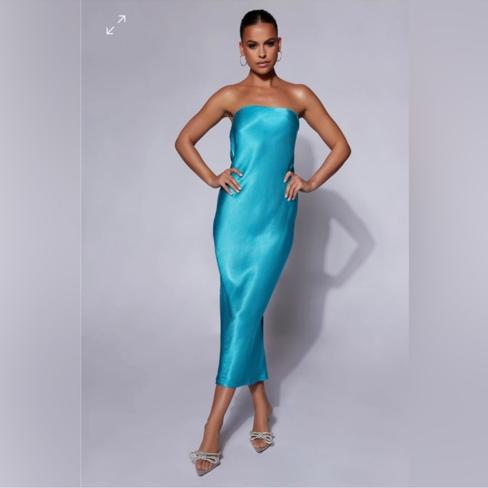 Meshki Tyler Strapless Cyan Blue Midi Dress